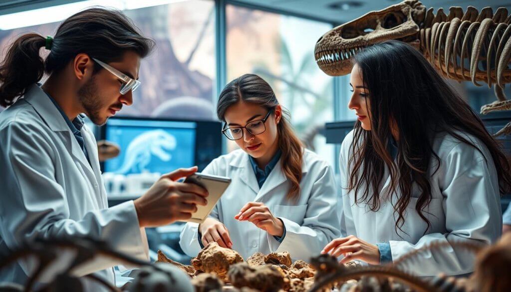 Expertos en paleontología analizando investigación genética