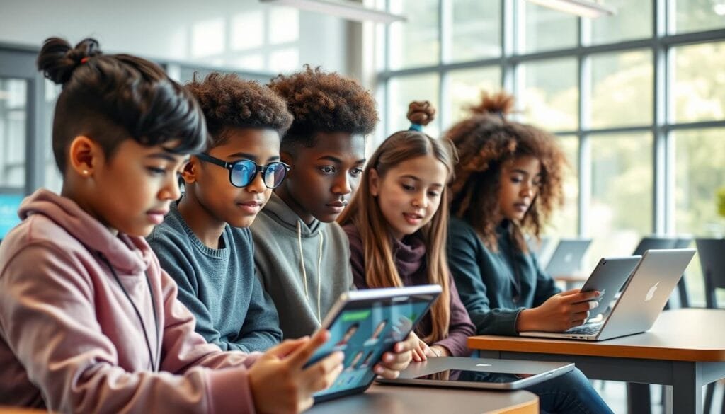 Estudiantes usando asistentes virtuales en educación