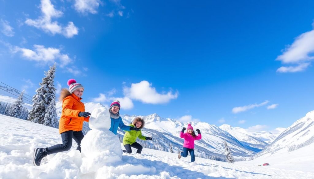 Familia jugando en la nieve en los Alpes