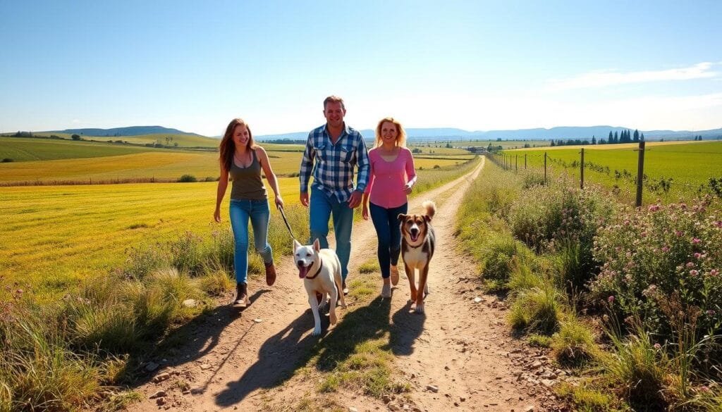 Familia viajando con mascotas al campo