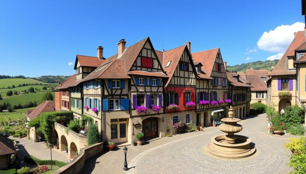 Pueblo pintoresco de Eguisheim en Francia