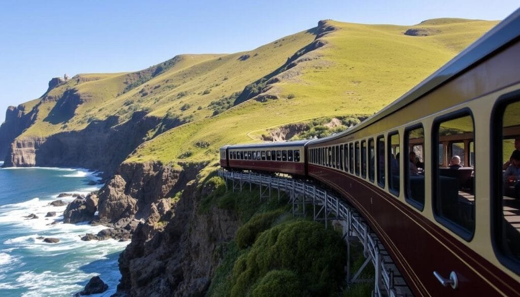 Tren Transcantábrico en la costa norte de España