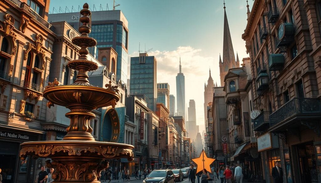 A bustling urban landscape filled with intriguing architectural details and quirky elements. In the foreground, an ornate fountain or public sculpture stands as a focal point, its intricate design and aged patina capturing the eye. The middle ground features a mix of buildings, some modern and sleek, others with historical charm, their facades adorned with unique embellishments, unexpected alcoves, and playful motifs. The background showcases a skyline punctuated by soaring towers and spires, bathed in a warm, golden light that casts long shadows across the scene. An atmosphere of discovery and wonder pervades the image, inviting the viewer to explore the hidden curiosities and unexpected delights of the urban environment.
