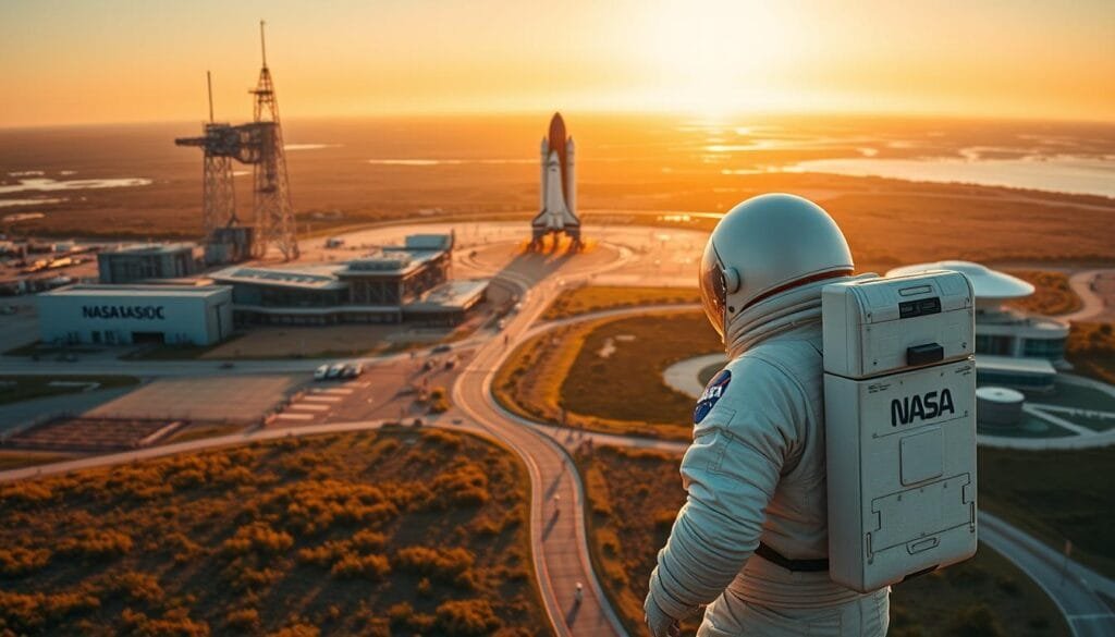 A captivating image showcasing the "Legado de la NASA": a panoramic view of the iconic Kennedy Space Center, bathed in a warm, golden glow as the setting sun casts a dreamlike hue across the historic launchpads and towering rocket gantries. In the foreground, a lone astronaut's spacesuit stands as a silent testament to the remarkable achievements and pioneering spirit that have defined the agency's remarkable legacy. The middle ground features a winding path leading visitors through a meticulously curated museum, where interactive exhibits and artifacts chronicle humanity's relentless pursuit of the unknown. In the distant background, the majestic curve of the Earth's horizon comes into view, a reminder of the boundless horizons that NASA has unlocked for us all.