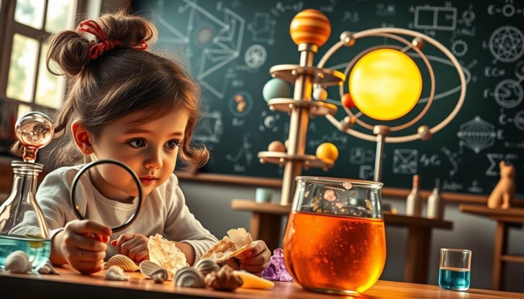 A colorful, whimsical scene depicting the impact of science on childhood. In the foreground, a young girl with a magnifying glass examines a collection of curious objects - seashells, crystals, and a beaker of fizzing liquid. Her eyes are wide with wonder and excitement. In the middle ground, a towering model of the solar system rotates gently, planets orbiting a luminous sun. In the background, a chalkboard covered in scientific diagrams and equations is illuminated by soft, natural lighting streaming through large windows. The overall mood is one of discovery, imagination, and the pure joy of learning about the natural world.
