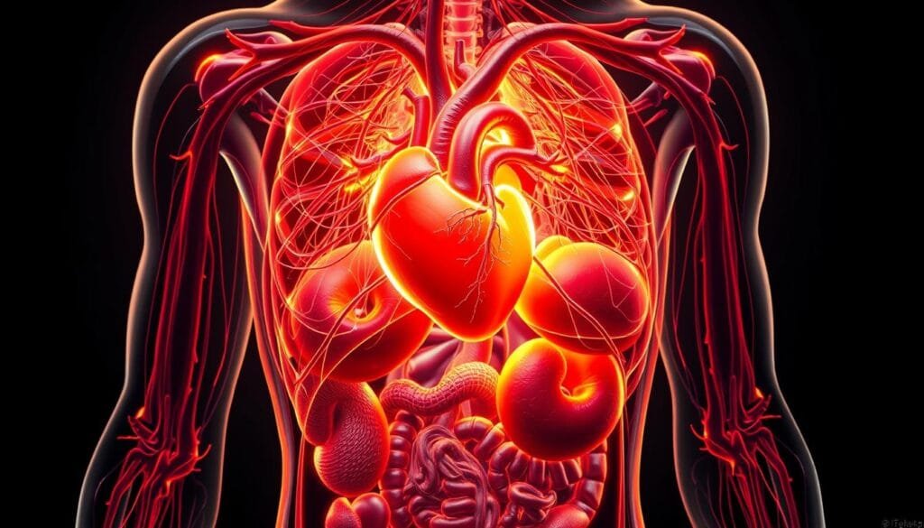 A detailed cross-section of the human body, revealing the intricate workings of its organs and circulatory system. The heart, lungs, and blood vessels are depicted in vivid anatomical detail, with glowing veins and arteries pulsing with oxygenated blood. The liver, kidneys, and digestive tract are showcased in their natural state, highlighting the ingenious design that allows the body to function as a cohesive, self-regulating system. The image is bathed in a soft, warm light, creating a sense of wonder and appreciation for the human body's hidden complexities. Rendered with a high level of realism and technical accuracy, this visually stunning depiction captures the beauty and efficiency of the body's internal machinery. A detailed cross-section of the human body, revealing the intricate workings of its organs and circulatory system. The heart, lungs, and blood vessels are depicted in vivid anatomical detail, with glowing veins and arteries pulsing with oxygenated blood. The liver, kidneys, and digestive tract are showcased in their natural state, highlighting the ingenious design that allows the body to function as a cohesive, self-regulating system. The image is bathed in a soft, warm light, creating a sense of wonder and appreciation for the human body's hidden complexities. Rendered with a high level of realism and technical accuracy, this visually stunning depiction captures the beauty and efficiency of the body's internal machinery.