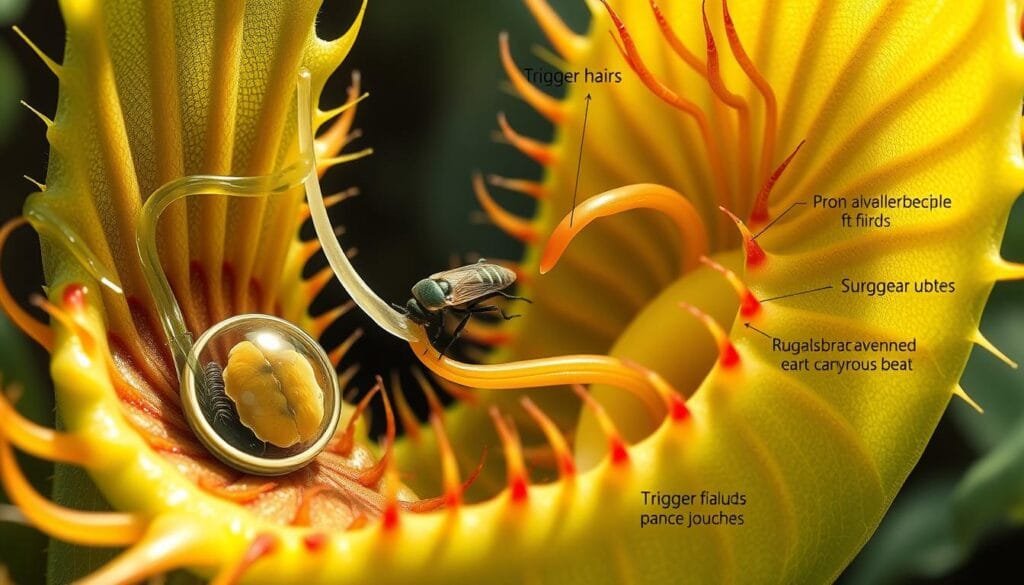 A detailed, high-resolution close-up illustration of the complex trapping mechanisms of carnivorous plants, showcasing the intricate structures and adaptations that enable them to capture and digest their prey. Crisp, natural lighting illuminates the delicate leaf structures, viscous fluids, and trigger hairs, creating a sense of scientific observation. Rendered with a realistic, almost photographic style, the image provides a captivating glimpse into the ingenious and deadly world of these fascinating botanical predators.