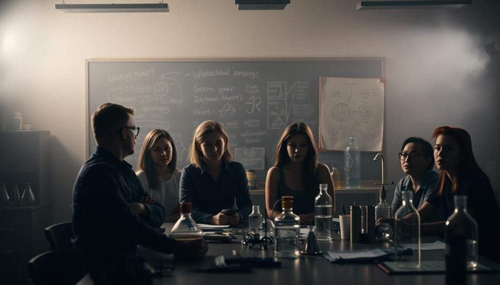 A dimly lit laboratory setting, with various scientific instruments and equipment scattered across the table. In the foreground, a group of individuals engaged in a psychological experiment, their expressions a mix of curiosity and apprehension. Soft, directional lighting casts dramatic shadows, creating an air of intrigue and tension. The background features a chalkboard with scribbled notes and diagrams, hinting at the complex theories and hypotheses being explored. Muted color tones and a subtle haze add to the somber, pensive atmosphere, reflecting the delicate nature of human behavior under the scrutiny of scientific investigation. A dimly lit laboratory setting, with various scientific instruments and equipment scattered across the table. In the foreground, a group of individuals engaged in a psychological experiment, their expressions a mix of curiosity and apprehension. Soft, directional lighting casts dramatic shadows, creating an air of intrigue and tension. The background features a chalkboard with scribbled notes and diagrams, hinting at the complex theories and hypotheses being explored. Muted color tones and a subtle haze add to the somber, pensive atmosphere, reflecting the delicate nature of human behavior under the scrutiny of scientific investigation.