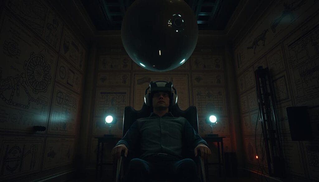 A dimly lit room, the walls adorned with intricate diagrams and strange machinery. In the center, an individual sits in a chair, their eyes obscured by a peculiar headset, lost in a world of sensory deprivation. Pulsing lights cast an eerie glow, as if the mind is being manipulated, controlled by unseen forces. The atmosphere is one of scientific curiosity and unease, a exploration of the boundaries of the human psyche. Overhead, a large, ominous sphere hovers, its purpose uncertain, adding to the sense of mystery and unease. The image captures the essence of mental control and sensory experimentation, a chilling yet captivating representation of the subject. A dimly lit room, the walls adorned with intricate diagrams and strange machinery. In the center, an individual sits in a chair, their eyes obscured by a peculiar headset, lost in a world of sensory deprivation. Pulsing lights cast an eerie glow, as if the mind is being manipulated, controlled by unseen forces. The atmosphere is one of scientific curiosity and unease, a exploration of the boundaries of the human psyche. Overhead, a large, ominous sphere hovers, its purpose uncertain, adding to the sense of mystery and unease. The image captures the essence of mental control and sensory experimentation, a chilling yet captivating representation of the subject.