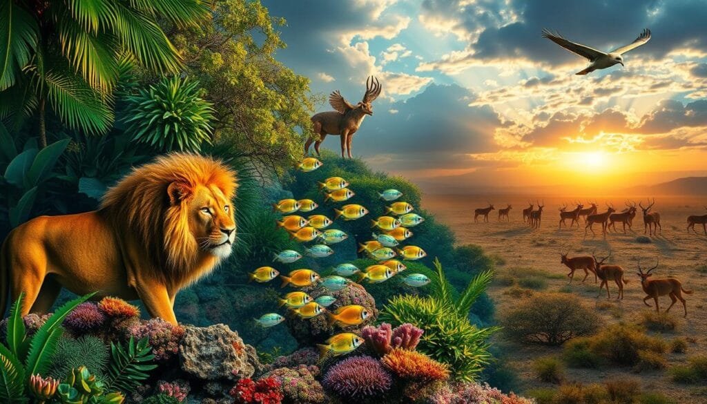 A diverse menagerie of lifeforms, teeming with vibrant colors and dynamic movement. In the foreground, a majestic lion prowls amidst a lush, verdant jungle, its golden mane illuminated by soft, diffused lighting. In the middle ground, a vibrant school of tropical fish dart through a coral reef, their iridescent scales shimmering under the glow of the sun. In the distance, a soaring eagle glides effortlessly through a clouded sky, while a herd of graceful gazelles bounds across a savanna bathed in the warm light of dusk. The scene radiates a sense of wonder and reverence for the incredible diversity of the natural world.