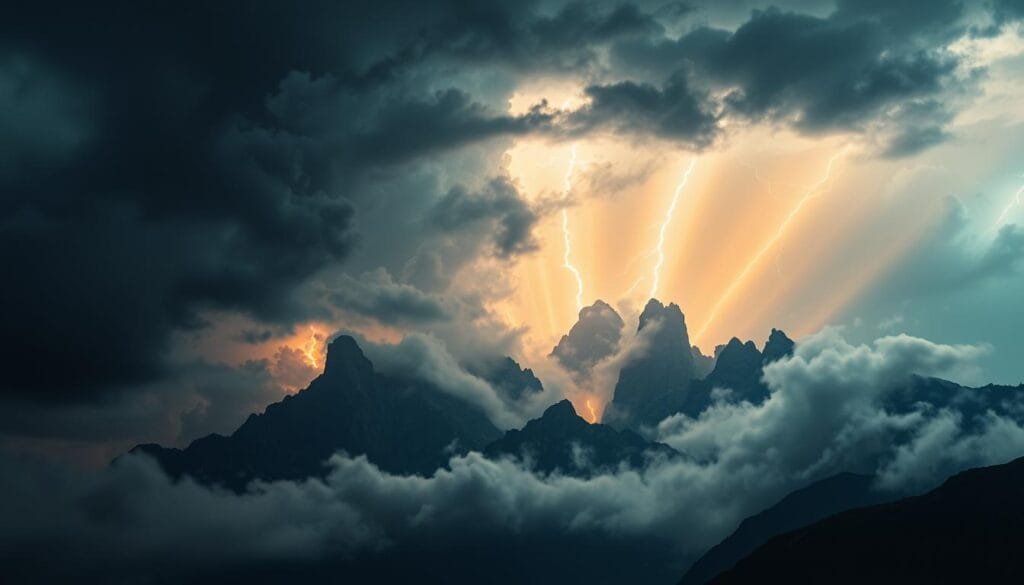 A dramatic and ominous scene of skyquakes, the mysterious booming sounds that shake the heavens. In the foreground, a turbulent sky with roiling storm clouds, illuminated by flashes of lightning. Towering, jagged peaks in the distance, shrouded in ominous mist. The air seems to tremble with an otherworldly tension, as if the very fabric of the sky is being torn asunder. Beams of eerie, golden light pierce through the gloom, casting an ominous glow upon the landscape. The composition is cinematic, with a wide, sweeping view that conveys a sense of the immense scale and power of these celestial disturbances. The mood is one of wonder, trepidation, and the palpable mystery of the unknown.