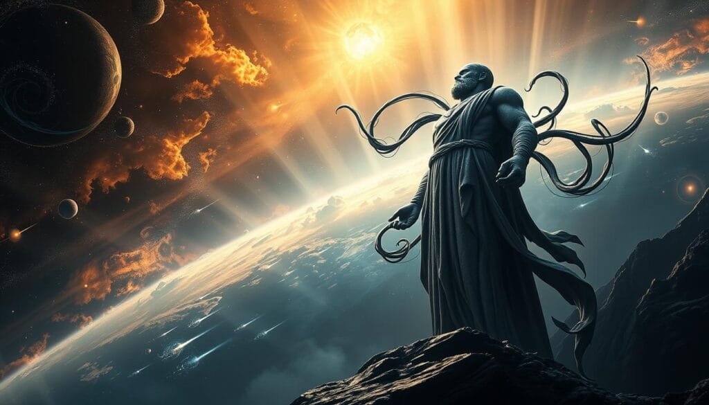 A dramatic, awe-inspiring scene depicting the origin of the name "Earth". In the foreground, a grand, majestic figure representing the personification of the planet stands tall, gazing upwards with a pensive expression. The figure's form is sculpted from the fundamental elements that comprise the Earth - rock, soil, water, and air. Swirling around the figure are wispy, ethereal tendrils that evoke the primordial forces shaping the young planet. In the middle ground, a stunning cosmic backdrop unfolds, with celestial bodies and glowing nebulae casting an otherworldly glow. The lighting is dramatic, with rays of light piercing through the ethereal atmosphere, creating a sense of mystery and grandeur. The overall tone is one of contemplation and wonder, inviting the viewer to ponder the deep origins and identity of our home planet.