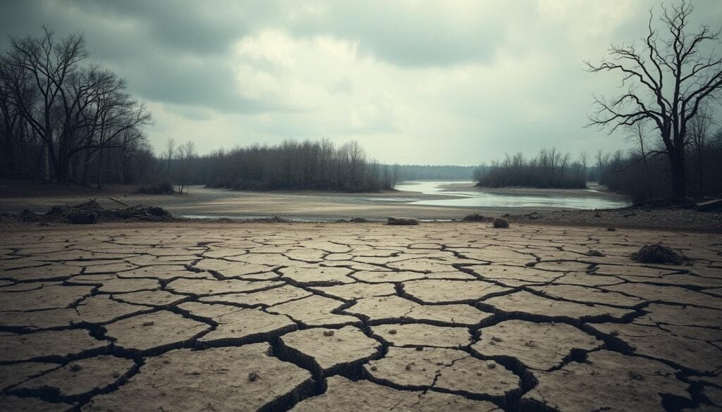 A dramatic landscape depicting the impact of climate change on the natural world. In the foreground, a cracked, parched earth lies barren and desolate, a testament to the drying of the soil. In the middle ground, a once-lush forest stands withered and dying, its trees stripped of leaves. In the background, a once-flowing river has dwindled to a trickle, its banks exposed and crumbling. The scene is bathed in a muted, apocalyptic light, conveying a sense of foreboding and the urgent need to address the environmental challenges facing our planet.