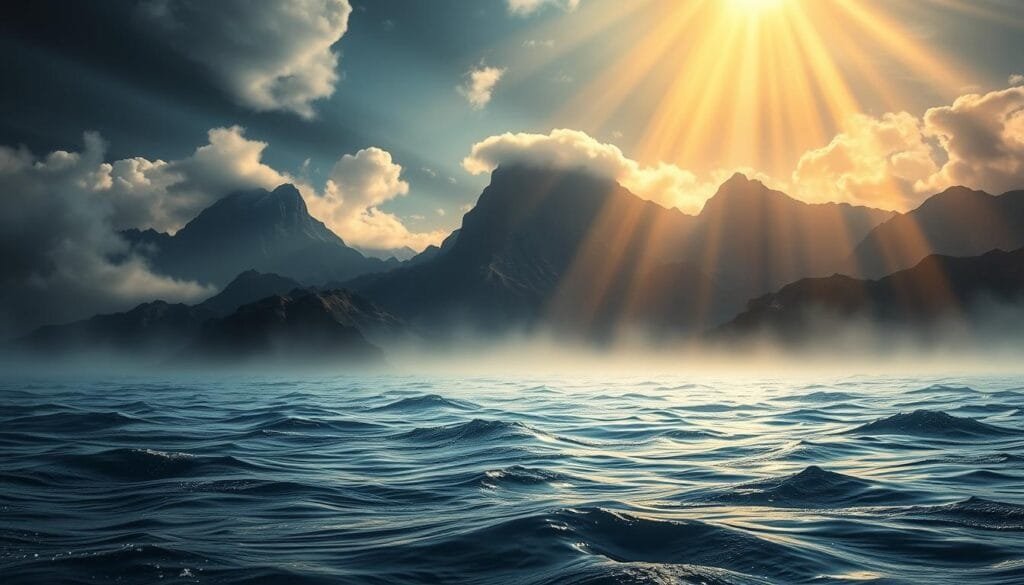 A dramatic primordial landscape depicting the mysterious origin of Earth's water. In the foreground, a vast primordial ocean reflects the sky above, rippling with unseen currents. Towering mountains rise in the distance, their rugged peaks shrouded in swirling mists. Rays of warm, golden light pierce through the atmospheric haze, casting a serene, otherworldly glow over the scene. Hints of volcanic activity simmer below the surface, suggesting the dynamic forces that shaped this primal world. The overall atmosphere evokes a sense of ancient wonder and the eternal cycle of water on our planet.