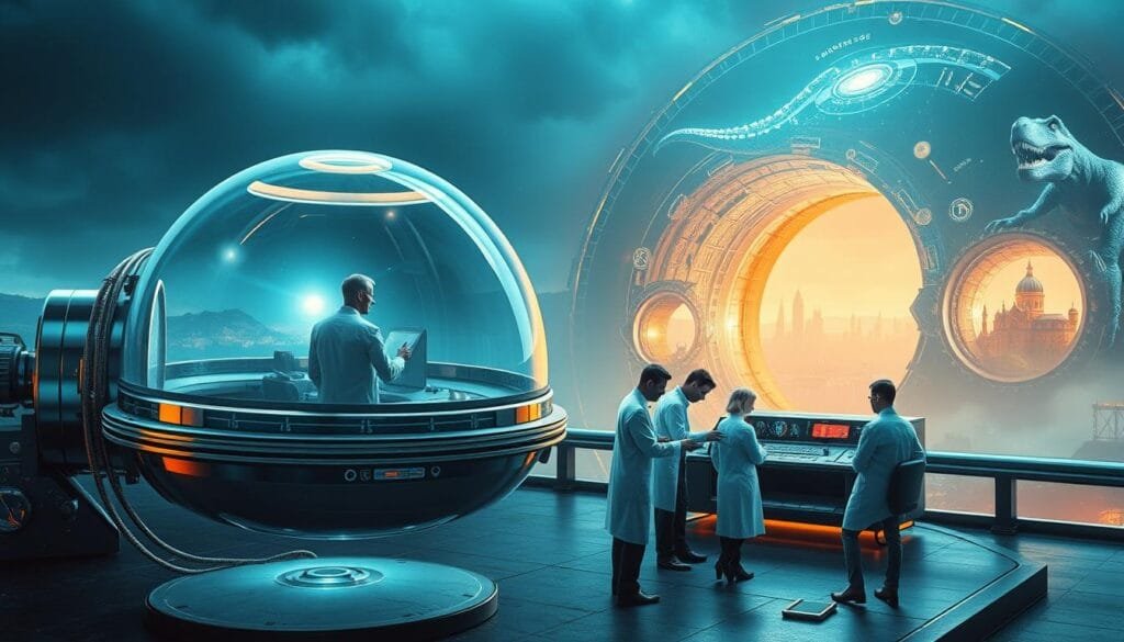 A futuristic scene depicting various types of time travel. In the foreground, a sleek, chrome-plated time machine with a transparent dome hovers above the ground, its interior illuminated with an otherworldly glow. In the middle ground, a group of scientists and researchers in white lab coats work on a complex control panel, their expressions intense as they manipulate the dials and levers. In the background, a series of wormholes and portals open, revealing glimpses of different eras - a dinosaur-filled prehistoric landscape, a bustling city skyline of the future, and a serene medieval village. The lighting is a mix of cool, blue tones and warm, orange hues, creating a sense of wonder and scientific discovery. The overall atmosphere is one of technological innovation and the boundless possibilities of time travel.
