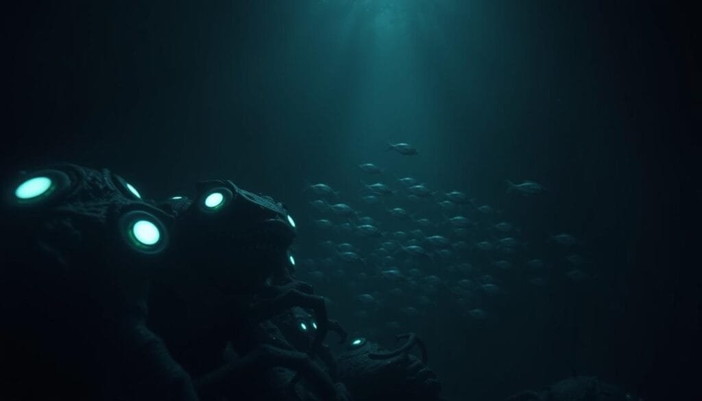 A haunting deep-sea scene, dramatic and unsettling. In the foreground, a cluster of bizarre, otherworldly creatures - luminescent eyes, gaping jaws, and alien appendages. Lit by an eerie bioluminescent glow, their forms loom out of the inky blackness. In the middle ground, a school of strange, translucent fish drift through the abyssal gloom. The background shrouded in an impenetrable veil of darkness, hinting at untold mysteries and terrors lurking in the depths. Rendered with a cinematic, high-contrast lighting, the image conveys a sense of the profound and unsettling nature of the abyss and its inhabitants. Captured with a wide-angle lens to emphasize the scale and sense of immersion.