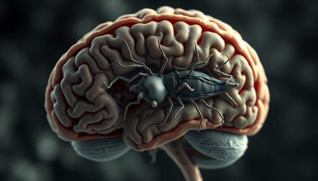 A highly detailed, scientifically accurate anatomical illustration of the Toxoplasma gondii parasite infecting the human brain. Rendered in a muted, realistic color palette with a somber, clinical atmosphere. The cross-section reveals the parasite's intricate structures nested within the brain tissue, with a focus on the complex neural pathways it manipulates. Crisp, high-resolution textures and lighting capture the parasite's insidious nature. A sense of unease and the unseen danger it poses to human health is conveyed. Tight framing emphasizes the parasite's scale and domination of the cerebral cortex. Subtle depth of field blur draws the viewer's attention to the core of the infestation. A highly detailed, scientifically accurate anatomical illustration of the Toxoplasma gondii parasite infecting the human brain. Rendered in a muted, realistic color palette with a somber, clinical atmosphere. The cross-section reveals the parasite's intricate structures nested within the brain tissue, with a focus on the complex neural pathways it manipulates. Crisp, high-resolution textures and lighting capture the parasite's insidious nature. A sense of unease and the unseen danger it poses to human health is conveyed. Tight framing emphasizes the parasite's scale and domination of the cerebral cortex. Subtle depth of field blur draws the viewer's attention to the core of the infestation.