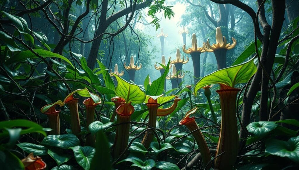 A lush, vibrant ecosystem of captivating yet deadly plants, their toxic foliage casting an ominous allure. In the foreground, a cluster of carnivorous pitcher plants, their gaping maws enticing unsuspecting prey. Surrounding them, tangled vines with barbed thorns and glossy, poisonous leaves reach towards the soft, diffused light filtering through the canopy above. In the distance, towering, otherworldly specimens with bulbous, menacing blooms loom, their scent both alluring and perilous. The scene exudes a sense of both beauty and danger, a testament to nature's duality. Capture this complex, captivating essence of "toxicidad plantas venenosas" through a cinematic, high-detail rendering.