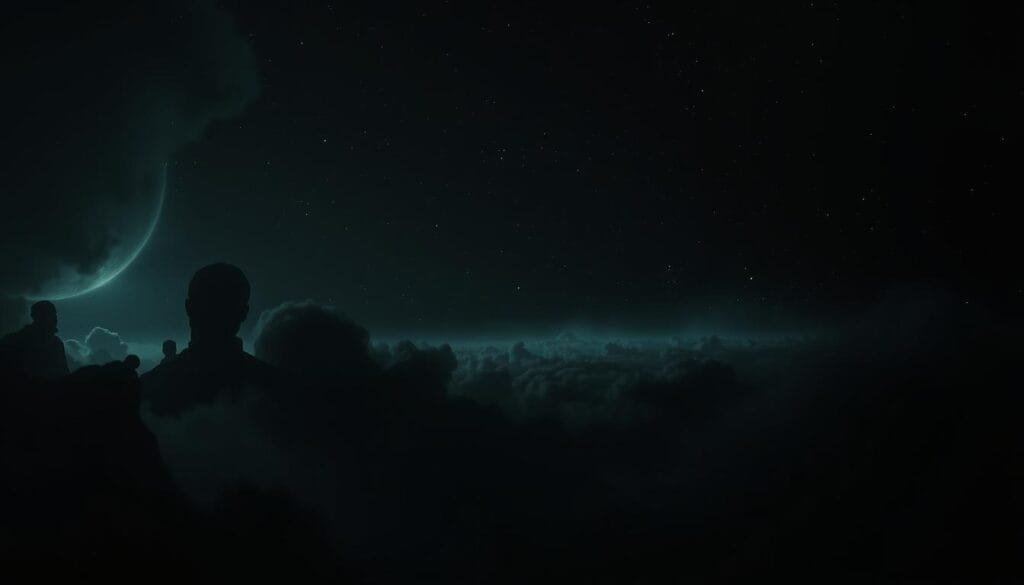 A mysterious, dimly lit space scene. In the foreground, strange pareidolic formations emerge from shadowy cosmic clouds, suggesting cryptic faces and hidden figures. The middle ground features a distant, glowing nebula that casts an otherworldly glow. In the background, a vast expanse of stars twinkle, hinting at the boundless mysteries of the universe. The lighting is moody and atmospheric, with chiaroscuro effects creating a sense of depth and intrigue. The camera angle is slightly tilted, adding an unsettling, off-kilter perspective. An eerie, contemplative mood pervades the scene, inviting the viewer to ponder the nature of perception and the strange wonders that may lie hidden in the cosmos.