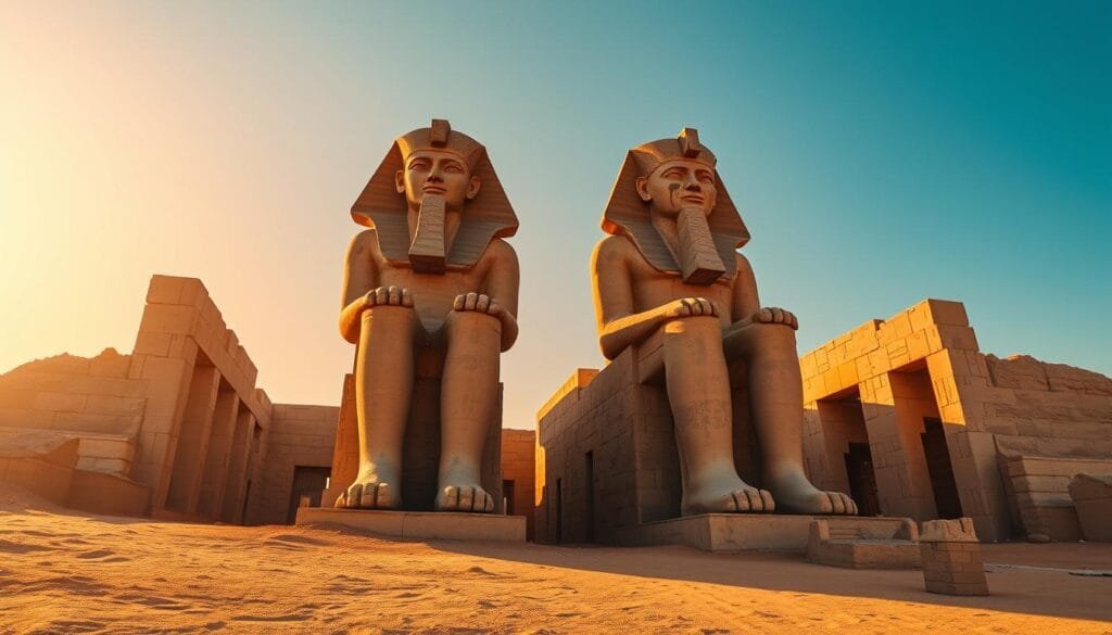 A pair of colossal stone statues stand proud against the golden Egyptian sun, their weathered faces gazing out over the sands of time. The towering Colossi of Memnon, ancient guardians of the Nile, their haunting song echoing through the valley, a mysterious phenomenon that has captivated the world for millennia. Capture the majestic ruins in a wide-angle shot, the statues framed by the serene blue sky above and the ochre desert below. Utilize a warm, golden color palette to evoke the timeless grandeur of this iconic Pharaonic site, with soft, diffused lighting to highlight the ancient figures' enigmatic, weathered features. Convey a sense of wonder and quiet contemplation, as if the viewer is standing in the presence of these legendary monoliths, pondering the secrets they hold.