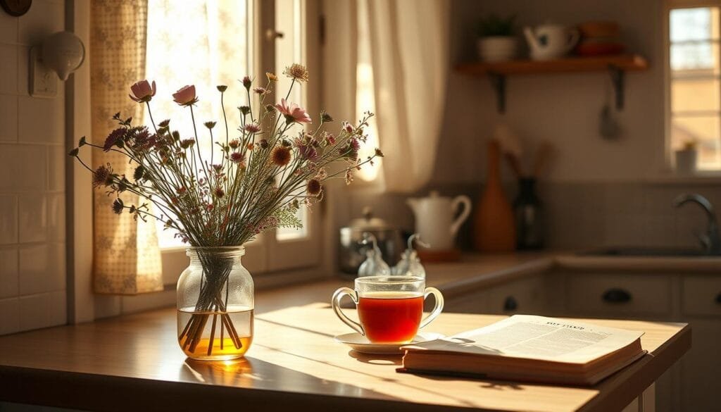 A serene, sun-dappled kitchen with warm, natural lighting filtering through lacy curtains. On the counter, a bouquet of wildflowers in a simple glass vase, alongside a steaming mug of tea and a worn, well-loved book. The scene exudes a sense of quiet contentment, a celebration of the extraordinary in the ordinary. The camera angle is slightly elevated, inviting the viewer to pause and savor the tranquil, fleeting moments that make up the "Magia de lo cotidiano" - the magic of the everyday.