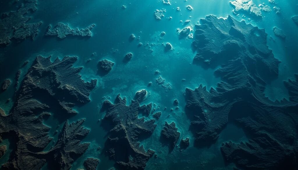 A striking aerial view of the Pacific Ocean seafloor, showcasing the complex anomalies and disturbances in the Earth's mantle. The scene depicts a chaotic tapestry of tectonic plates, deep ocean trenches, and underwater volcanoes. Shades of blues and greens blend seamlessly, creating a mesmerizing and otherworldly landscape. The lighting is dramatic, with beams of sunlight filtering through the deep waters, illuminating the rugged terrain. The camera angle is slightly elevated, providing a panoramic perspective that captures the scale and grandeur of these hidden geological wonders. An eerie, yet captivating atmosphere permeates the image, inviting the viewer to explore the enigmatic depths of our planet.
