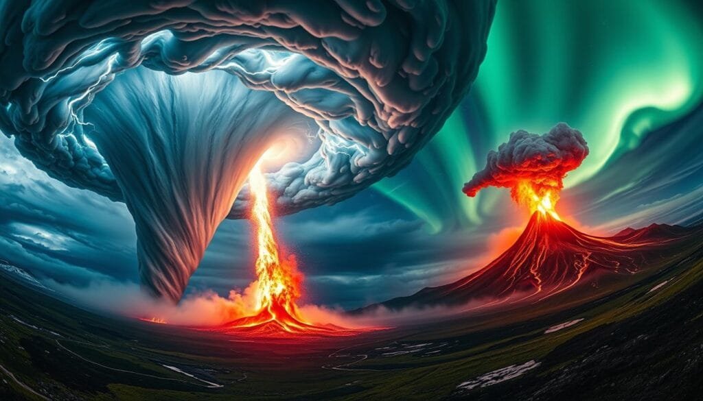 A striking panoramic scene of awe-inspiring natural phenomena. In the foreground, a colossal, swirling tornado reaching up into the heavens, its glowing vortex illuminated by flashes of lightning. In the middle ground, a towering volcanic eruption spewing molten lava and billowing ash into the turbulent sky. In the distant background, a shimmering display of the Aurora Borealis, its ethereal ribbons of color dancing across the horizon. The composition is shot with a wide-angle lens, capturing the grandeur and scale of these extraordinary natural events. The lighting is dramatic, creating a sense of power and immensity. The mood is one of wonder and awe at the raw, untamed forces of nature.