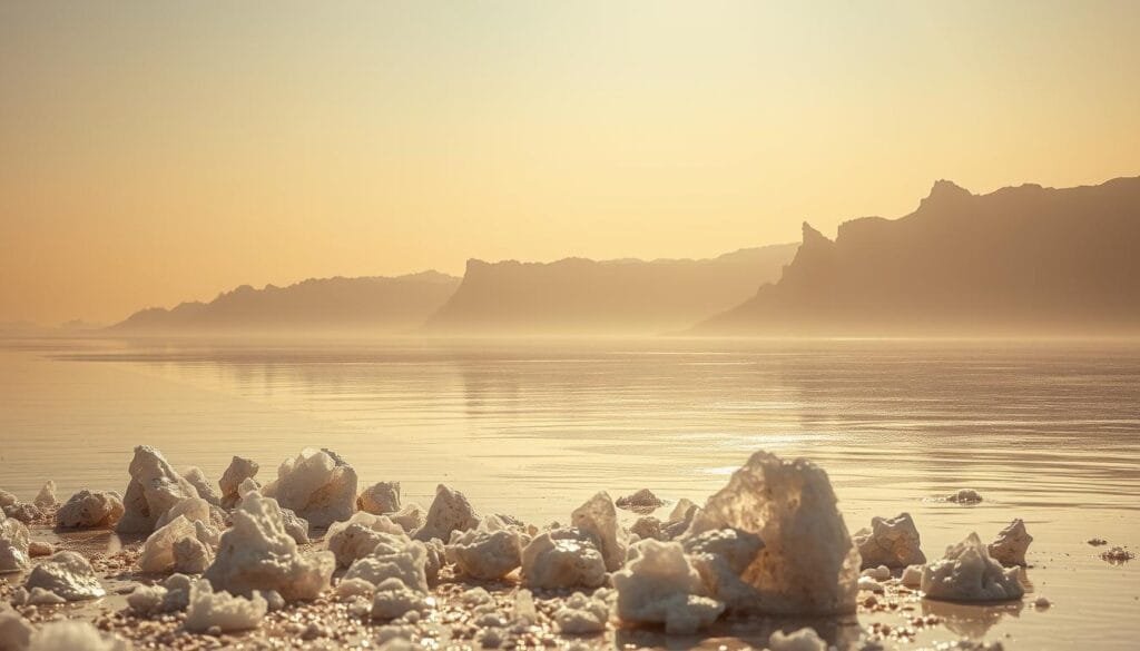 A surreal and hauntingly beautiful landscape of the Dead Sea, where the waters appear to float effortlessly on a mirror-like surface. The sky is hazy and dreamlike, casting a warm, golden glow over the scene. In the foreground, crystalline salt formations glisten in the gentle light, creating the illusion of a bizarre, otherworldly environment. The horizon is dominated by towering, jagged cliffs that seem to rise up from the shimmering waters, their shadows casting long, dramatic shapes across the surface. The overall atmosphere is one of tranquility and isolation, a sense of being suspended in an ephemeral, salt-encrusted oasis.