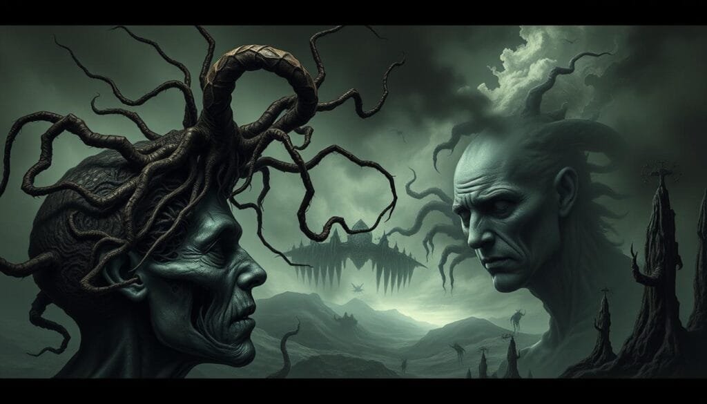 A surreal, unsettling scene depicting the mind-controlling strategies of parasitic organisms. In the foreground, a twisted, otherworldly creature emerges from a host's head, its tendrils entwined with the host's neural pathways. The middle ground shows the host's face, expression twisted in a pained, dissociated gaze as the parasite exerts its influence. The background is a dreamlike, abstract landscape, hinting at the alien, supernatural forces at work. Ominous shadows and distorted shapes create an atmosphere of unease and the uncanny. Muted, sickly colors and dramatic chiaroscuro lighting heighten the sense of the uncanny and the sinister. The overall impression is one of the profound, unsettling power of parasitic mind control. A surreal, unsettling scene depicting the mind-controlling strategies of parasitic organisms. In the foreground, a twisted, otherworldly creature emerges from a host's head, its tendrils entwined with the host's neural pathways. The middle ground shows the host's face, expression twisted in a pained, dissociated gaze as the parasite exerts its influence. The background is a dreamlike, abstract landscape, hinting at the alien, supernatural forces at work. Ominous shadows and distorted shapes create an atmosphere of unease and the uncanny. Muted, sickly colors and dramatic chiaroscuro lighting heighten the sense of the uncanny and the sinister. The overall impression is one of the profound, unsettling power of parasitic mind control.