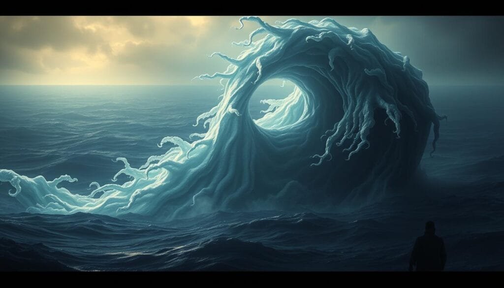 A vast, ancient ocean backdrop, illuminated by a soft, ethereal glow. In the foreground, a colossal, undulating form emerges from the depths - a haunting, yet mesmerizing marine call, its wavelike motions rippling through the water. Shimmering tendrils and ghostly appendages extend from the creature, creating an aura of mystery and wonder. The scene is imbued with a sense of the primordial, hinting at the unknown and unexplored realms that lie beneath the surface. Dramatic lighting casts dramatic shadows, adding to the ominous yet captivating atmosphere. A surreal, almost dreamlike vision that captures the essence of the "Upsweep" - the enigmatic call that echoes through the vast, ancient oceans.