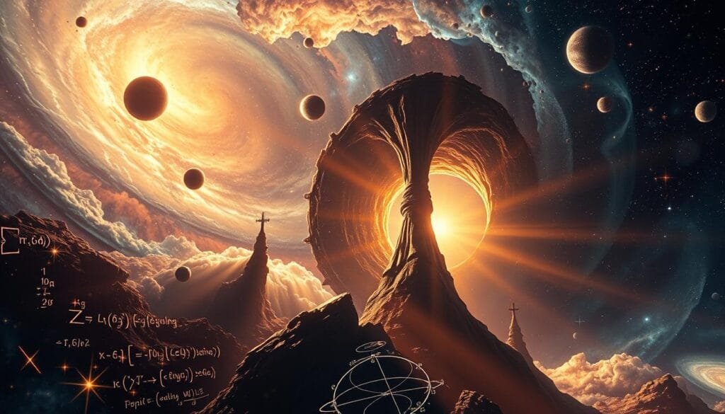 A vast, cosmic backdrop of swirling galaxies and nebulae, illuminated by a warm, ethereal glow. In the foreground, a towering wormhole structure, its event horizon shimmering with distorted space-time. Surrounding it, intricate mathematical equations and diagrams float in suspension, visualizing the complex theories of relativity and time travel. Beams of light and energy emanate from the wormhole, casting long shadows across the scene. The entire composition evokes a sense of scientific wonder and the mysteries of the universe.