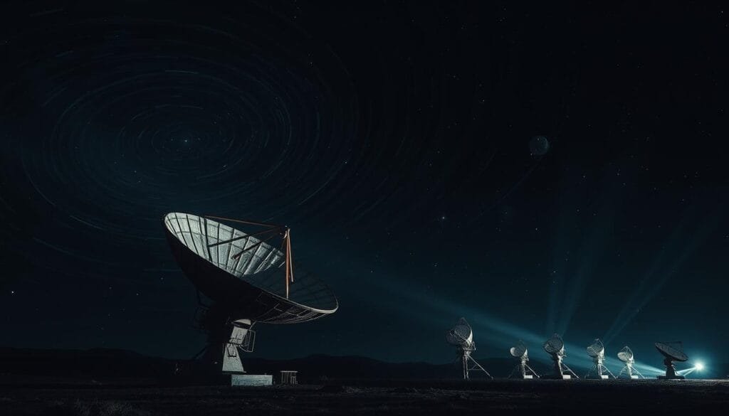 A vast, expansive night sky filled with swirling, dynamic radio waves emanating from distant celestial bodies. Beams of energy pierce through the inky blackness, casting an eerie, otherworldly glow. In the foreground, an ancient radio telescope dish stands resolute, its parabolic surface reflecting the enigmatic signals from the cosmos. Dramatic chiaroscuro lighting accentuates the rugged, weathered texture of the dish, creating a sense of awe and mystery. The middle ground features a cluster of smaller radio telescopes, their delicate structures creating a captivating visual rhythm. The background is shrouded in deep shadow, hinting at the profound secrets hidden within the vast expanse of the universe.
