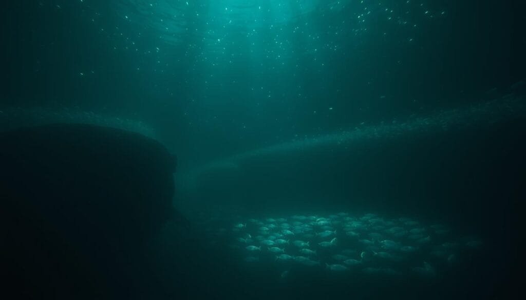 A vast, mysterious underwater landscape, illuminated by shimmering bioluminescent plankton. In the foreground, a massive, enigmatic creature emits a haunting, reverberating "Bloop" sound, its silhouette looming in the murky depths. The middle ground reveals a school of ethereal, glowing fish darting through the water, casting an eerie glow. The background fades into an infinite, inky blackness, hinting at the unfathomable mysteries that lie within the ocean's deepest abysses. Captured through the lens of a high-resolution underwater camera, this image conveys a sense of wonder, curiosity, and the unsettling power of the unknown.