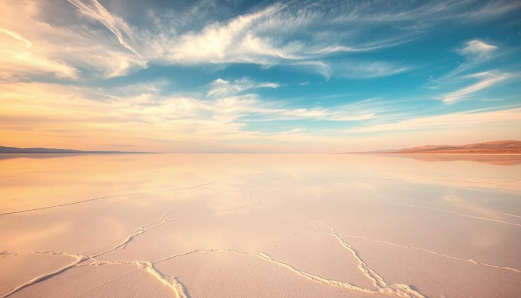 A vast, pristine expanse of glistening white salt stretches out before the viewer, its surface reflecting the boundless sky above in a mesmerizing mirror-like effect. Gentle undulations in the salt create a sense of depth and movement, while wispy clouds drift overhead, their reflections blending seamlessly with the horizon. The scene is bathed in warm, diffused light, capturing the serene and otherworldly atmosphere of the Salar de Uyuni, the world's largest salt flat located in the Bolivian Andes. The image conveys a sense of tranquility and awe, inviting the viewer to immerse themselves in this natural wonder.