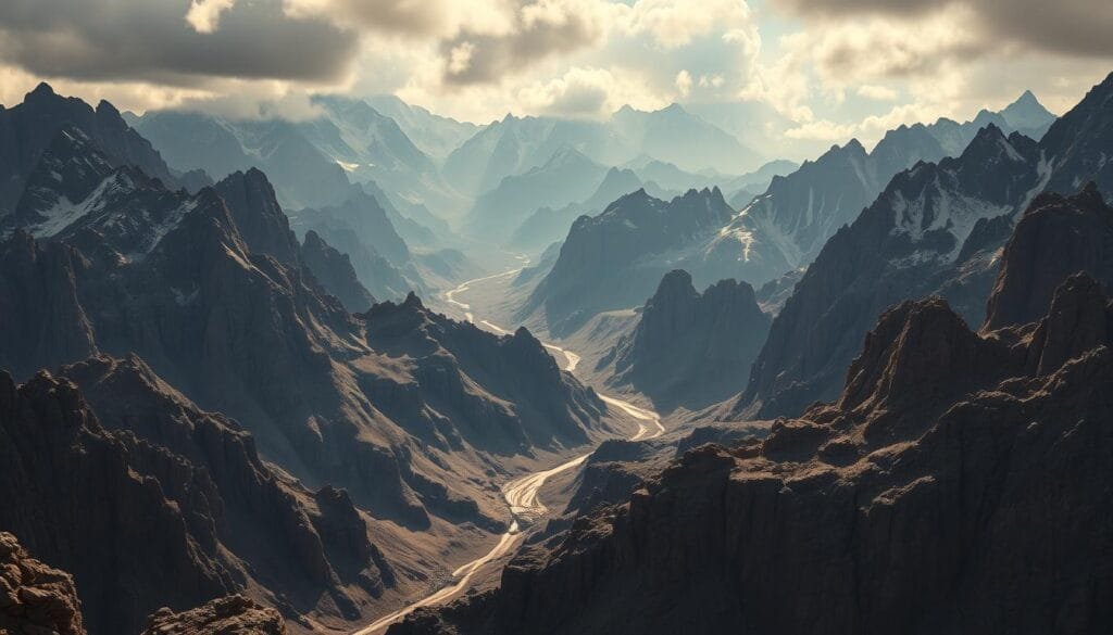 A vast tectonic landscape unfolds, where jagged rock formations and towering mountain ranges collide. In the foreground, tectonic plates grind and shift, their edges rising and falling in a dynamic dance, sculpting the earth's surface. Captured in a cinematic wide-angle lens, the scene conveys a sense of the immense power and scale of these forces, with dramatic lighting casting dramatic shadows and highlights that accentuate the rugged textures. The overall mood is one of awe and wonder at the hidden forces that shape our planet, inviting the viewer to explore the secrets of the earth's depths and heights.