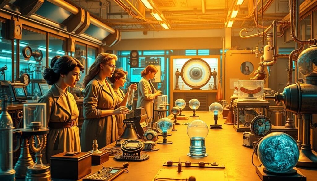 A vibrant and dynamic scene depicting revolutionary female inventions and discoveries. In the foreground, a collection of iconic female scientific pioneers and their pioneering creations - from Marie Curie's radium experiments to Hedy Lamarr's secret communication system. The middle ground showcases a diverse array of innovative devices and technologies, each with a distinct feminine design aesthetic. In the background, a futuristic laboratory setting with gleaming equipment and a sense of forward-thinking progress. Warm, golden lighting illuminates the scene, reflecting the brilliant minds and groundbreaking achievements of these visionary women who have forever changed the course of science.