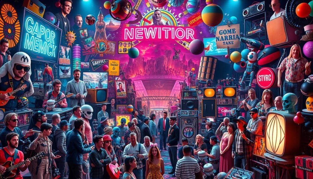A vibrant, eclectic collage of pop culture icons and unexpected entertainment experiences. In the foreground, a dynamic assemblage of characters, symbols, and visual elements representing diverse media and genres - from classic movie stars, superheroes, and musicians to avant-garde performers and unconventional entertainers. The middle ground features a kaleidoscopic array of neon lights, bold patterns, and surreal landscapes, creating a sense of otherworldly, futuristic atmosphere. In the background, a dreamlike tapestry of abstract shapes, forms, and textures evokes a sense of the unexpected and the extraordinary. Warm, saturated colors and dramatic lighting lend an energetic, immersive quality to the scene, inviting the viewer to explore the unexpected intersections of pop culture and unconventional entertainment.