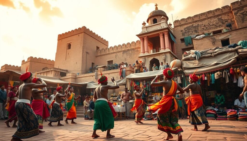 A vibrant scene of curious cultural traditions unfolding against a backdrop of ancient architecture. In the foreground, a group of colorfully dressed performers engaged in a lively ritual dance, their movements fluid and expressive. In the middle ground, a bustling marketplace filled with vendors showcasing an array of exotic wares and trinkets. The sky above is bathed in warm, golden light, creating a sense of timelessness. The overall atmosphere is one of mystery, wonder, and a deep respect for the rich tapestry of human culture. Shot with a wide-angle lens to capture the full scope of the scene, this image invites the viewer to step into a world of extraordinary traditions that challenge our everyday perceptions.