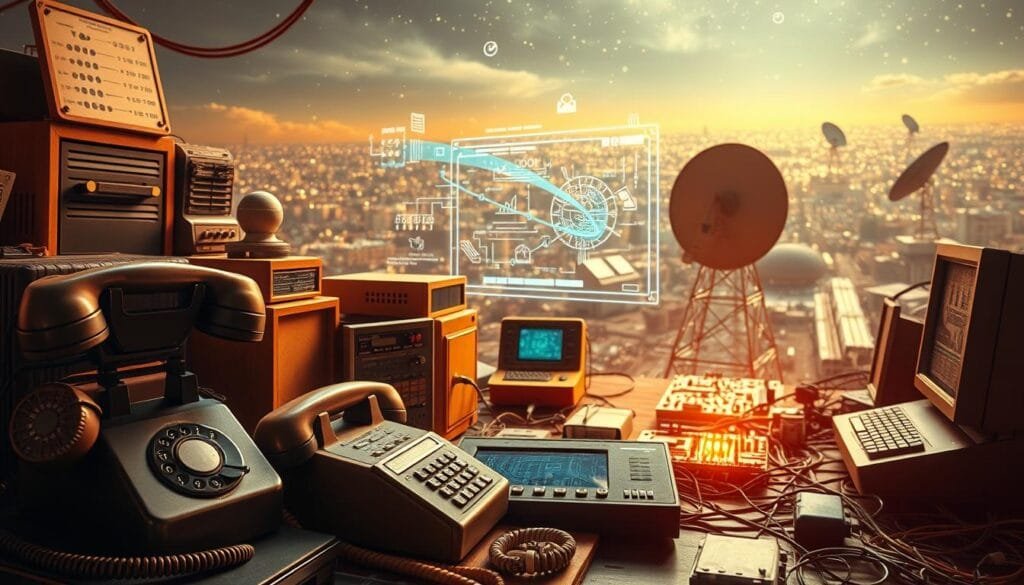 An evolving tapestry of technological communication, spanning from the dawn of the telegraph to the boundless connectivity of the modern era. In the foreground, a vintage rotary telephone and early computer terminals converge, their analog interfaces a testament to bygone eras. In the middle ground, a holographic display projects data streams, symbols, and schematics, hinting at the digital revolution to come. The background is a shimmering landscape of circuit boards, fiber optic cables, and satellite dishes, representing the vast, interconnected networks that have transformed how we exchange information. Warm, nostalgic lighting paints an atmospheric scene, inviting the viewer to contemplate the remarkable journey of technological evolution and its impact on human communication.