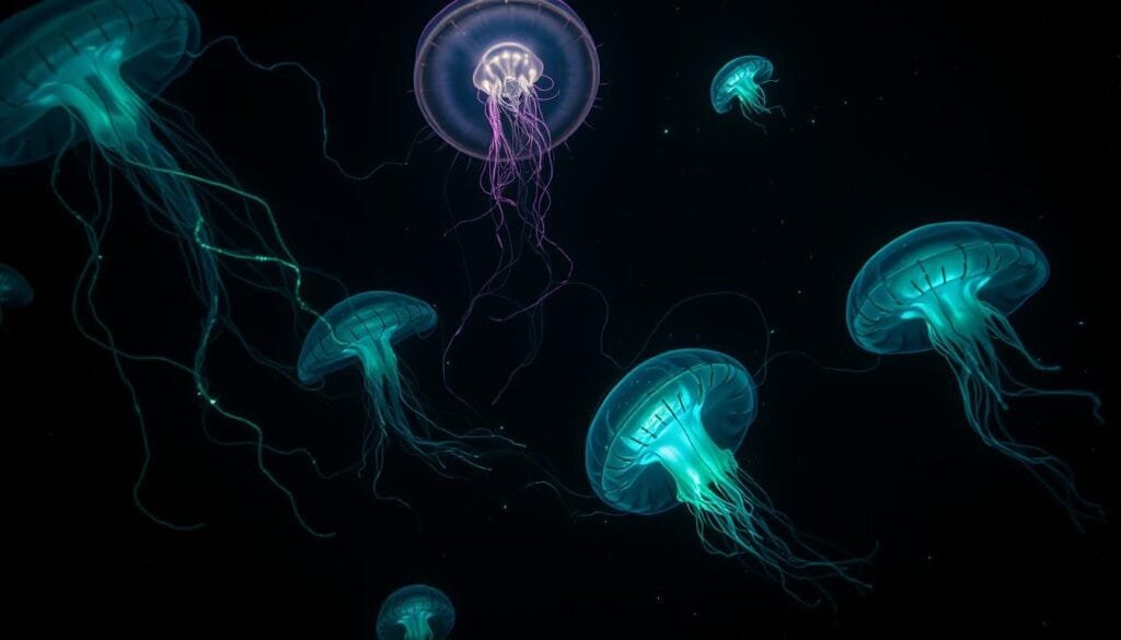 Bioluminescent deep sea creatures captivating the darkened abyss, illuminating the unknowable depths with ethereal neon tendrils. Otherworldly gelatinous giants drifting in the perpetual night, their translucent bodies aglow with a haunting, ethereal radiance. Glowing plankton swirling in shifting currents, casting a shimmering, celestial glow across the inky void. Anglerfish lurking in the gloom, their lures shining like ghostly lanterns to lure unsuspecting prey. Textured, high-contrast lighting casting dramatic shadows, emphasizing the alien, abyssal atmosphere. A sense of mystery, wonder and the sublime in the face of nature's most extreme, hidden wonders.