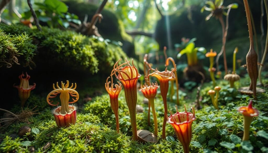 Extraordinary plant adaptations in a lush, verdant setting. Carnivorous leaves with intricate traps unfurl, their vibrant hues contrasting against mossy backgrounds. Sundew tendrils glisten with dew, ready to entice unsuspecting prey. Pitcher plants tower, their alien-like forms casting long shadows. Rhizomes and stolons weave an intricate underground network, supporting this unique ecosystem. Filtered sunlight streams through a canopy of strange and wonderful foliage, imbuing the scene with an otherworldly atmosphere. A symphony of botanical marvels, showcasing nature's ingenious adaptations.