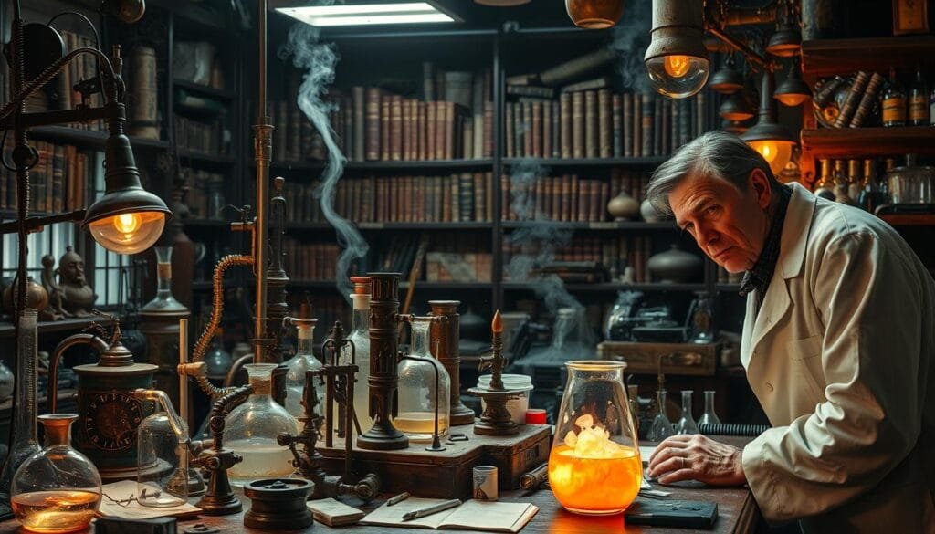 Intricate laboratory setting, with an array of peculiar scientific equipment and experiments in various stages of progress. Beakers, tubes, and strange devices scattered across a cluttered workbench, illuminated by the warm glow of task lighting. In the foreground, a scientist in a white lab coat leans over a bubbling concoction, their expression a mix of fascination and trepidation. The background reveals shelves lined with arcane tomes and curious artifacts, hinting at the unconventional nature of these "rare scientific experiments" throughout history. An atmosphere of scientific discovery and the unknown, with a hint of danger and the unexpected. Intricate laboratory setting, with an array of peculiar scientific equipment and experiments in various stages of progress. Beakers, tubes, and strange devices scattered across a cluttered workbench, illuminated by the warm glow of task lighting. In the foreground, a scientist in a white lab coat leans over a bubbling concoction, their expression a mix of fascination and trepidation. The background reveals shelves lined with arcane tomes and curious artifacts, hinting at the unconventional nature of these "rare scientific experiments" throughout history. An atmosphere of scientific discovery and the unknown, with a hint of danger and the unexpected.