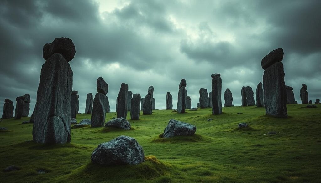 Sweeping stone rows silhouetted against a moody, overcast sky. The ancient alignments of Carnac, Brittany, France stand tall and mysterious, their purpose long lost to time. Mossy boulders dot the rolling green hills, creating an otherworldly, abandoned atmosphere. Capture the haunting, enigmatic essence of this mystical site, with dramatic lighting illuminating the weathered megaliths. Evoke a sense of inspiration and wonder at the power of these remnants from an unknown past, echoing through the ages. Render this scene with a realistic, yet slightly ethereal quality, as if glimpsing into a realm of forgotten magic.