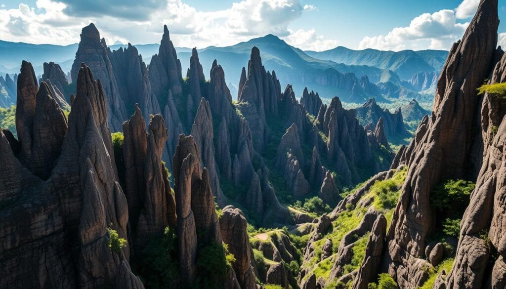 Tsingy de Bemaraha, a surreal limestone forest in Madagascar. Towering karst pinnacles and razor-sharp spires reach skyward, casting dramatic shadows across the undulating landscape. Sunlight filters through the jagged canopy, illuminating lush greenery clinging to the weathered rock formations. Intricate networks of canyons and crevices wind through this alien world, where life tenaciously clings to every crevice. Capture the serene yet foreboding atmosphere of this geological wonder, with a focus on the towering, maze-like formations in the middle ground, framed by the dramatic mountainous backdrop. Employ a wide-angle lens to convey the grand scale, with moody, chiaroscuro lighting that enhances the sculptural quality of the stone.