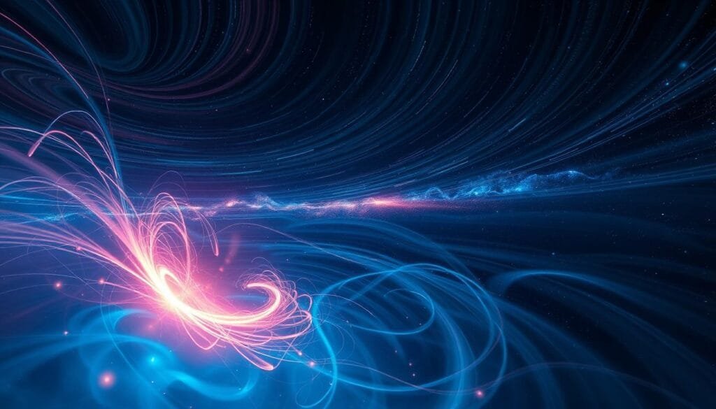 Vast, swirling electromagnetic waves dance across the endless expanse of space, their undulating patterns and vibrant hues creating a mesmerizing celestial symphony. In the foreground, a shimmering vortex of energy pulses with an otherworldly glow, while in the middle ground, luminous filaments and arcs of plasma weave a tapestry of cosmic power. The background is a boundless canvas of deep, inky blackness, punctuated by the twinkling of distant stars, their light casting a soft, ethereal illumination upon the scene. Capture the majesty and mystery of this interstellar symphony, framed by a wide-angle lens that immerses the viewer in the grandeur of the cosmos.