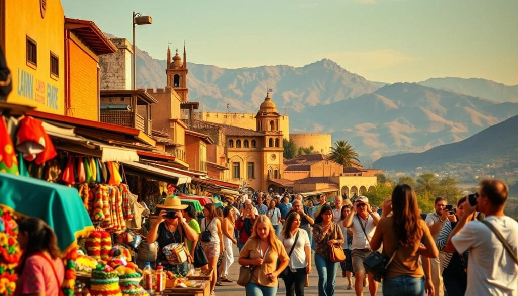A bustling border town, where cultures collide and tourism thrives. In the foreground, vendors sell vibrant local wares, their colorful stalls lining the bustling streets. In the middle ground, tourists explore historic landmarks, capturing moments on their cameras. The background reveals a stunning landscape, with towering mountains and rolling hills framing the scene. The lighting is warm and inviting, casting a golden glow over the entire tableau. The lens captures a wide, panoramic view, highlighting the dynamic interplay between the local community and the influx of visitors. The overall atmosphere conveys a sense of cultural exchange, where the unique identity of the border region is celebrated and shared with the world.