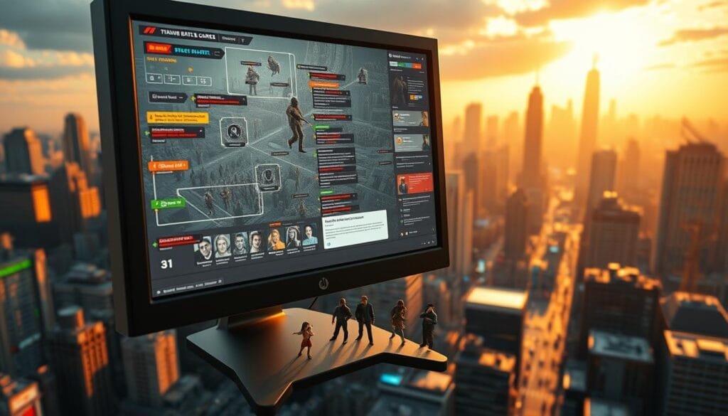 A bustling cityscape, its towering skyscrapers and bustling streets cast in a warm, golden glow. Amidst the chaos, a computer monitor displays a simulation of a complex strategy game, its interface riddled with glitches and visual errors. Tiny figures representing game characters are frozen, trapped in a digital limbo, their expressions of confusion and frustration evident. The scene is a humorous yet cautionary tale, a reminder of the challenges and unexpected pitfalls that can arise in the realm of software development and interactive simulation.