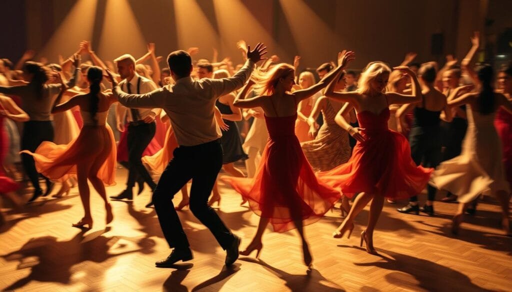 A bustling dance floor, bodies in motion, their physical forces intertwining like a complex dance. Fluid movements, graceful twirls, and dynamic energy fill the scene. Warm lighting casts a golden glow, accentuating the fluidity of the dancers' forms. Captured mid-motion, their limbs bend and sway, defying gravity as they navigate the rhythmic choreography. The background blurs, focusing the viewer's attention on the captivating display of kinetic art unfolding before them. A celebration of the hidden science underlying the everyday, the image embodies the essence of "Ciencia Cotidiana: Más Allá del Laboratorio".