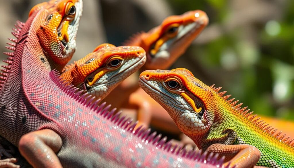 A captivating close-up of parthenogenetic lizards, their vibrant scales shimmering in natural lighting. The foreground showcases the intricate texture and patterns of their skin, while the middle ground highlights the lizards' dynamic poses, conveying a sense of adaptability and evolutionary prowess. The background subtly blends into a serene, natural setting, allowing the viewer to focus on the remarkable specimens. Crisp, high-resolution details and a balanced depth of field create an immersive, scientifically accurate depiction of this extraordinary biological phenomenon.