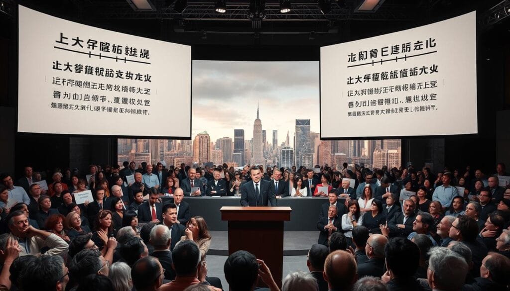 A chaotic political scene, with misaligned translations projected on towering screens. In the foreground, a podium stands amidst a sea of confused onlookers, their expressions bewildered by the linguistic disarray. The middle ground features a panel of politicians, their faces frozen in a comical mix of dismay and amusement. In the background, a bustling city skyline provides a backdrop, hinting at the far-reaching consequences of these translation mishaps. Dramatic lighting casts dramatic shadows, heightening the sense of drama and unease. Captured through a wide-angle lens, the image conveys the scale and gravity of the situation, a cautionary tale of the pitfalls of poor translation in the political arena.